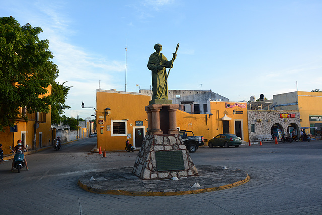 Mexico, Izamal, Sculpture of Fray Diego de Landa at the Entrance to the Convent of San Antonio
