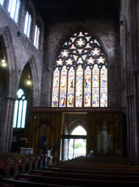 Entrance and stained glass windows.