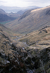 View down Grains Gill to Borrowdale and Derwentwater, Lake District 19th April 1992.