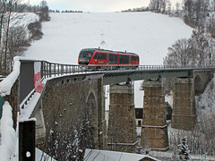 Ein Desiro der Erzgebirgsbahn überquert den Viadukt in Cranzahl