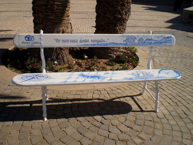 Bench painted with historic theme.