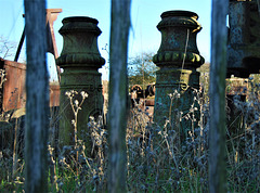 Two old chimney pots behind the fence
