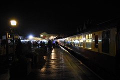 Wansford station on a rainy night.