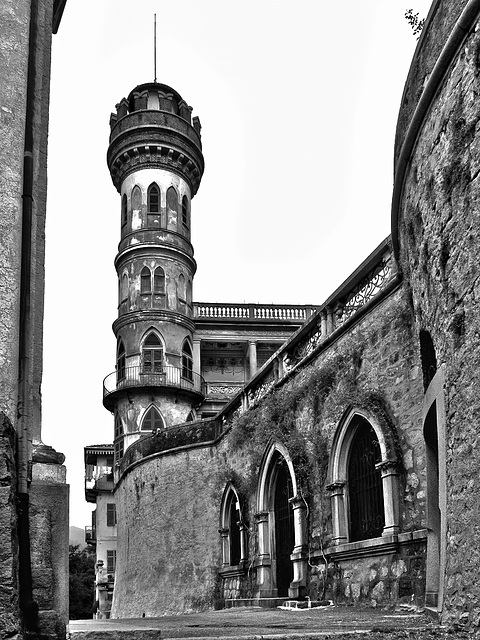 The cylindrical tower of Villa Piatti in the hamlet of Roreto, Quittengo (Biella)