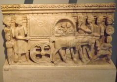 Front of an Etruscan Alabaster Cinerary Urn with a Cart in the British Museum, May 2014