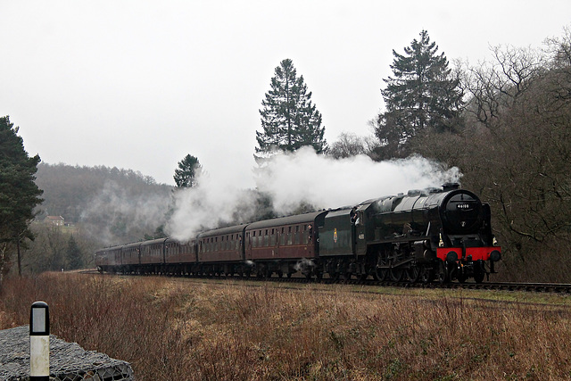 Stanier LMS class 7P Royal Scot 46100 ROYAL SCOT  approaching Plate Layers Cottages with the 12.30 Grosmont - Pickering NYMR  17th February 2024.