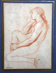 Femme nue accroupie - Sanguine et rehauts de blanc sur papier crème - Charles Le Brun - Musée d'Orléans .