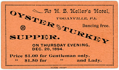 Oyster and Turkey Supper Ticket, Voganville, Pa., December 20, 1894