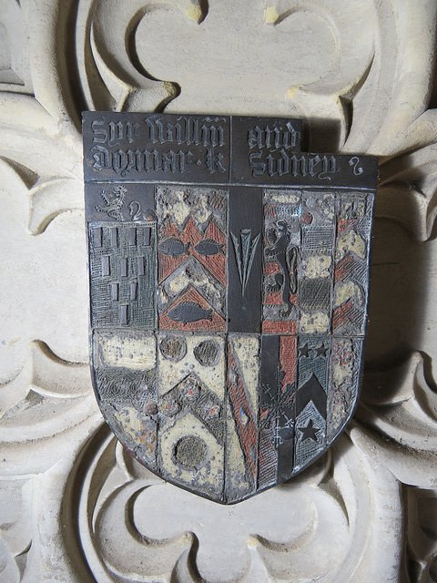 penshurst church, kent (66)c16 sidney heraldry on enamelled brass on the tomb of sir william sidney +1553