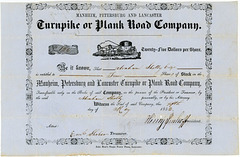 Manheim, Petersburg, and Lancaster Turnpike or Plank Road Company, Stock Certificate, Lancaster County, Pa., 1852