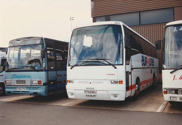 Claytons Coaches E861 FPB and Harris Coaches (Eurolines contractor) P702 NHJ at RAF Mildenhall - 24 May 1997 (355-25/356-1A)