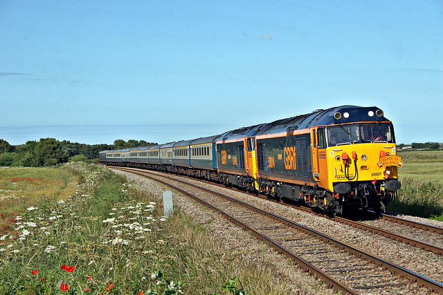 GBRf class 50`s 50007 HERCULES renumered 50014 WARSPITE + 50049 DEFIANCE at Willerby Carr Crossing with 1Z52 17.14 Scarborough - Motherwell return charter  6th July 2019.