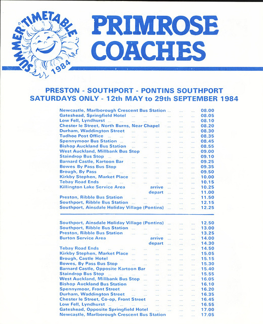 Primrose Coaches timetable Summer 1984 Page 1