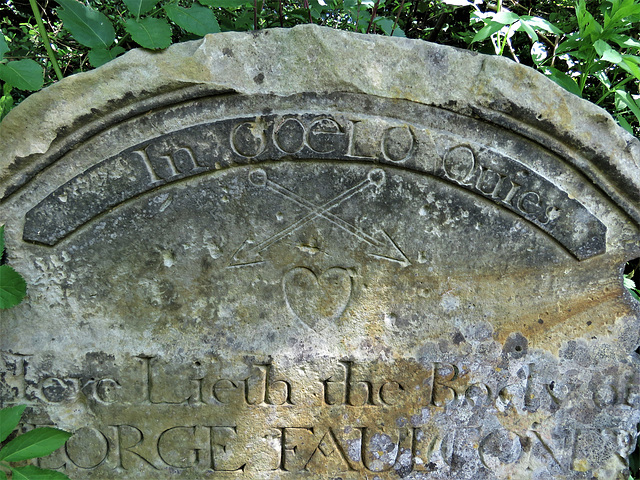 penshurst church, kent (34)in coelo quies; c18 gravestone of george faulconer, heart, arrows, motto