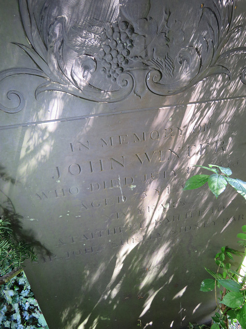 penshurst church, kent (22)c19 slate gravestone of john winter +1845, somewhat buried in the trees and hard to photo