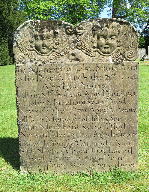 penshurst church, kent (20)c18 gravestone of john marchant +1754; two cherubs and a skull