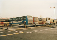 Buses and coaches parked at Ram Meadow, Bury St. Edmunds – 16 February 1994 (214-23)