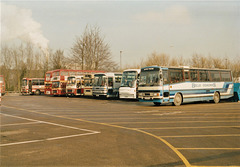 Buses and coaches parked at Ram Meadow, Bury St. Edmunds – 16 February 1994 (214-20)