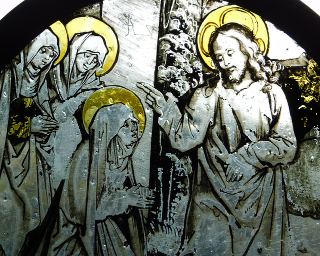 Detail of Christ Taking Leave of his Mother- Stained Glass Roundel in the Cloisters, October 2017