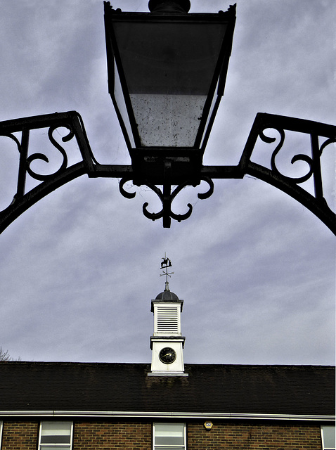 Clock tower, wind vane, lamp