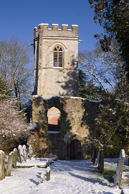 Ayot St Lawrence old church in the snow