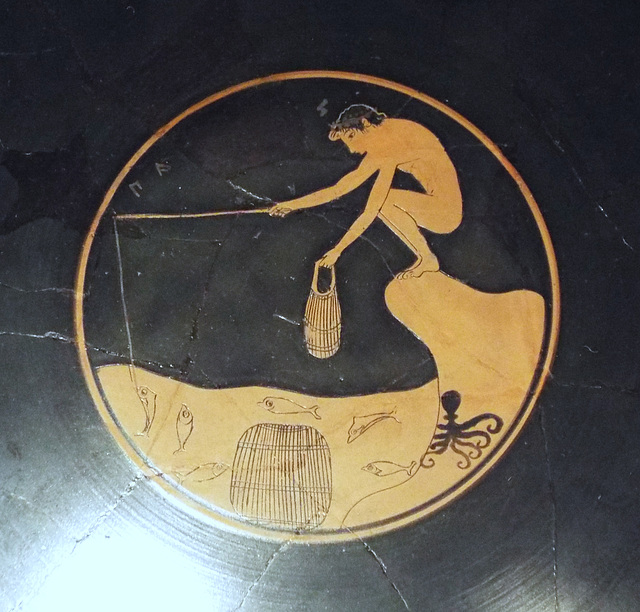 Detail of a Kylix with a Boy Fishing by the Ambrosios Painter in the Boston Museum of Fine Arts, January 2018