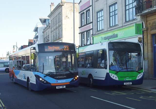 DSCF4232 Stagecoach South 26158 (SN67 WWC) and 27863 (GX13 AOH) in Portsmouth - 3 Aug 2018