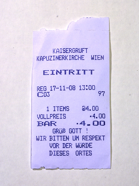 Ticket for the Kaisergruft in Vienna