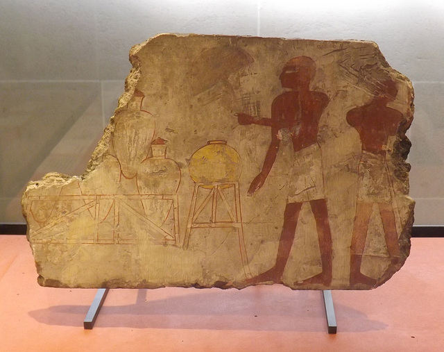 Fragment of a Wall Painting with Servants and Amphoras on Supports in the Louvre, June 2013