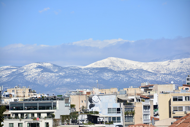 Athens 2020 – View of the snowy mountains