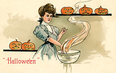 Halloween—Woman with Bowl and Jack-o'-Lanterns