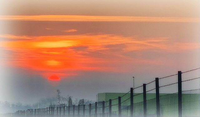 foggy sunset fence