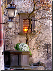 Bracciano : Castello Odescalchi - nel cortile interno : il pozzo, la fontana, l'alberello, i lampioni, la finestra illuminata
