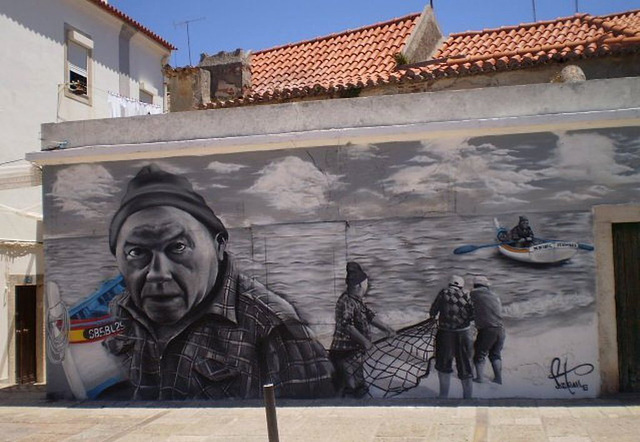 Mural of fishermen.