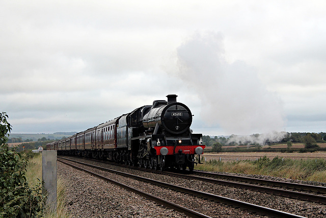 Stanier LMS class 6P Jubilee 45690 LEANDER 16th September 2023. at Plain Moor Crossing near Barton le Willows with 1Z65 16.08 Scarborough - Liverpool Lime Street The Coast to Coast Express