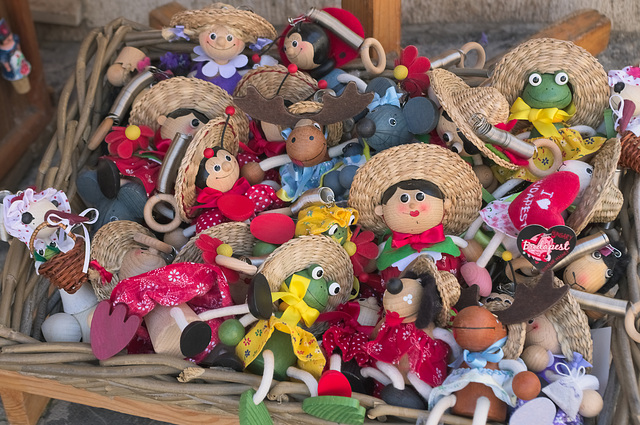 A basket of Hungarian wooden toys.