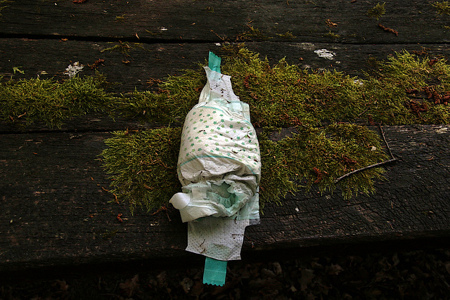 Une couche bébé bien garnie , abandonnée sur une table pique-nique forestière .