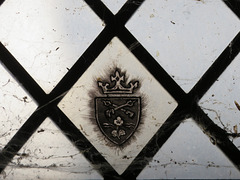 st peter's church, canterbury, kent   (1) ?c20 heraldry in the tower window glass