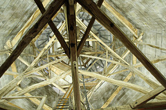 Salisbury cathedral spire - looking upwards into the interior and the complex medieval timber structure.