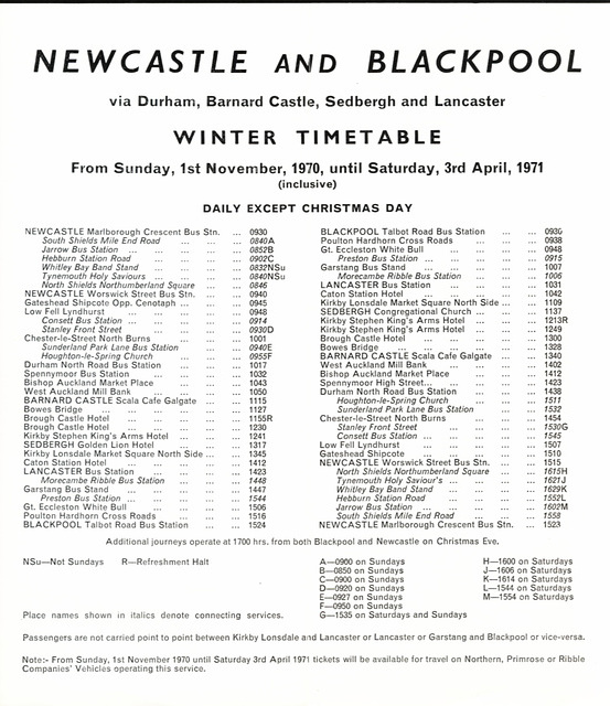 Primrose, Ribble and Northern General Winter service leaflet 1970 inside page