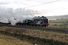 (wrong side for the exhaust) Stanier LMS class 7P Royal Sc ot 46115 SCOTS GUARDSMAN at Scout Green with 1Z12 06.09 Peterborough - Carlisle The Cumbrian MountainSteam Special 29th February 2020.(steam from Preston)