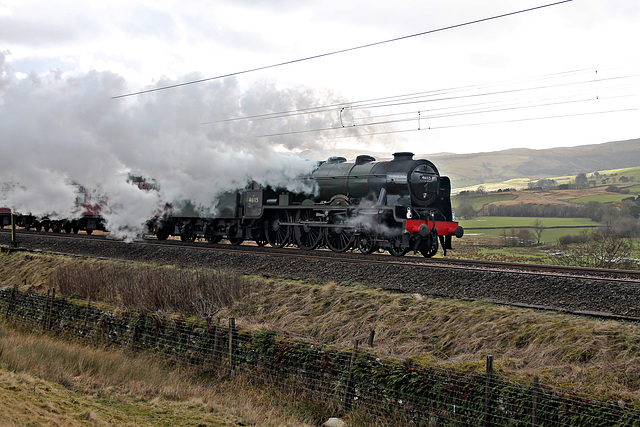 (wrong side for the exhaust) Stanier LMS class 7P Royal Sc ot 46115 SCOTS GUARDSMAN at Scout Green with 1Z12 06.09 Peterborough - Carlisle The Cumbrian MountainSteam Special 29th February 2020.(steam 