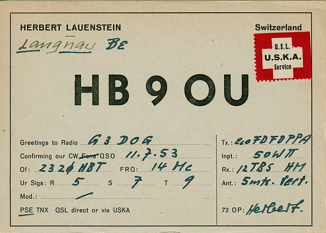 QSL HB9OU (1953)