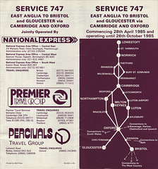 747/1 National Express, Percivals and Premier Travel service 747 Summer 1985 timetable leaflet cover