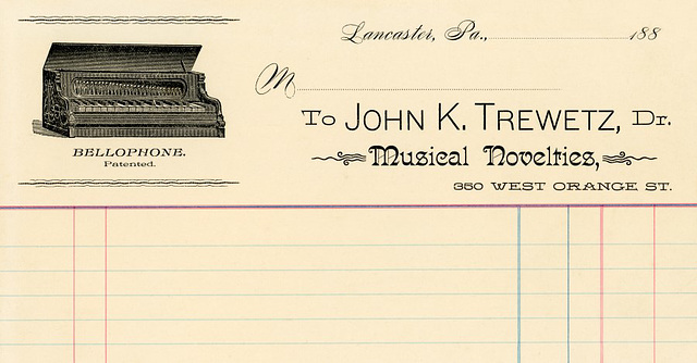 John K. Trewetz Billhead, Musical Novelties, Lancaster, Pa., 1880s