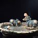 Hippo Familie mit Zimmerbrunnen, Zierrat, Keramik, coloriert
