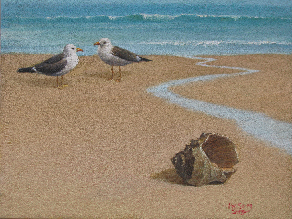 Sea-side scene w Seagulls/ Apudmara Pejzagxo k Mevoj=물새가 있는 바닷가 풍경_oil+coffe on canvas_31.8x40.9cm(6f)_2014_Song Ho