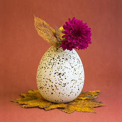 Egg-shaped Vase with Flower and Leaves.