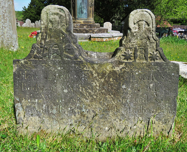 speldhurst church, kent (4)early c18 gravestone of john bellingham and wife with time and another figure on the lugs. 1711