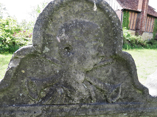 speldhurst church, kent (3)unusual bust with trumpets on lugs of early c18 gravestone c.1740